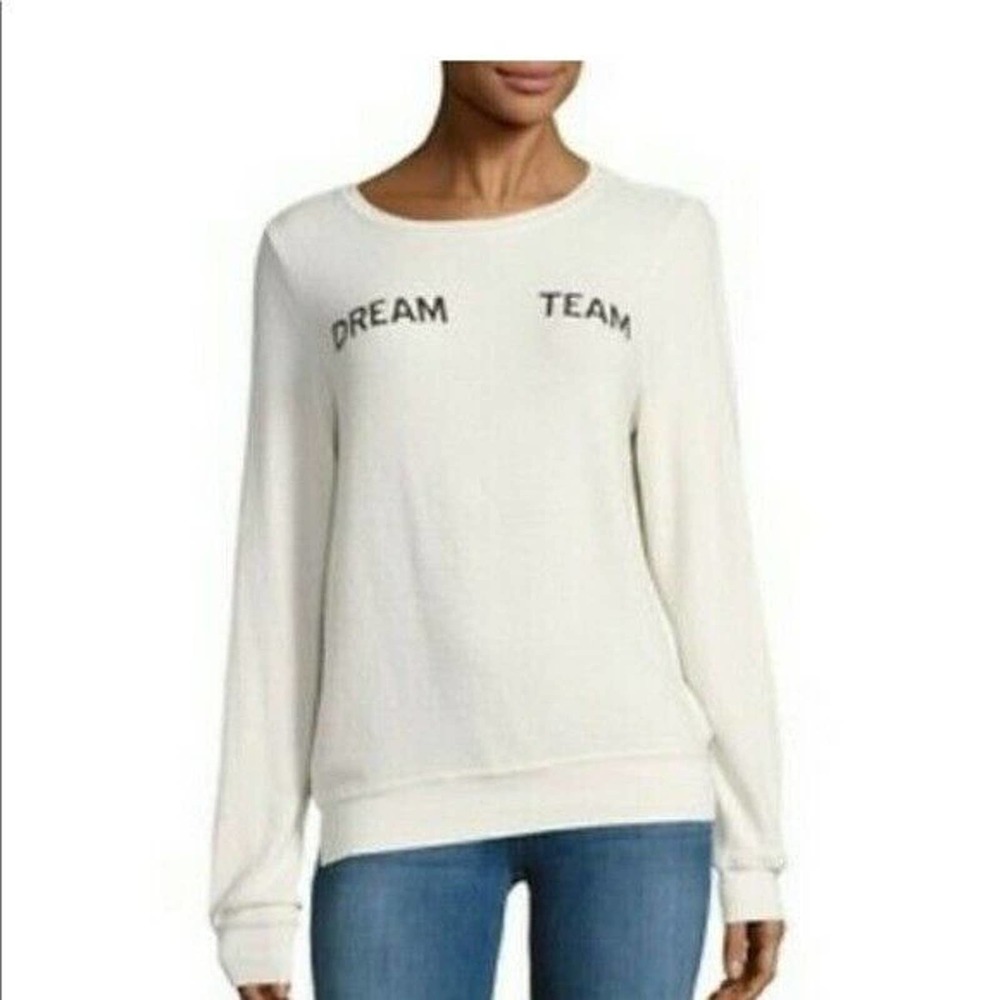 Wildfox  Dream Team Pullover Sweatshirt Cream Fuzzy Relaxed Size S Graphic soft